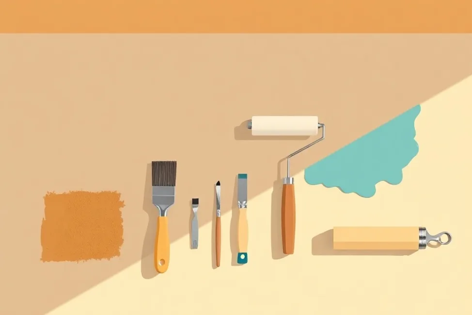 Outils de peinture disposés dans l'ordre des étapes du chantier