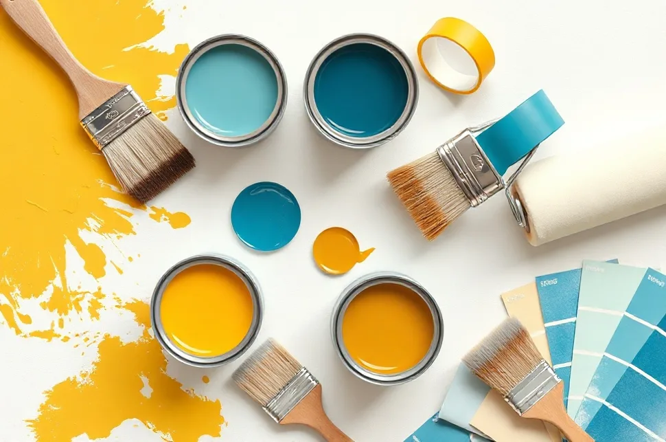 Pots de peinture, nuancier, brosses et rouleaux disposés à plat