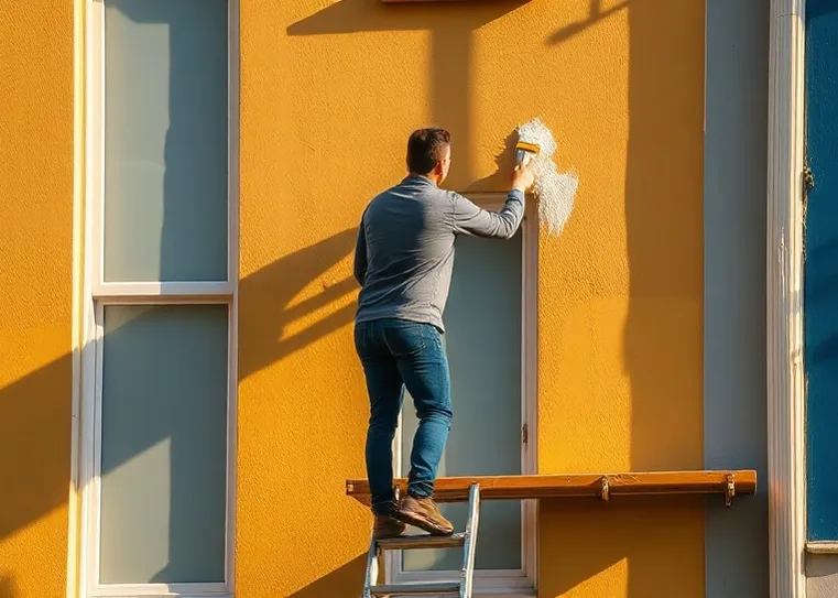 Peintre sur échafaudage traitant la façade d'une maison