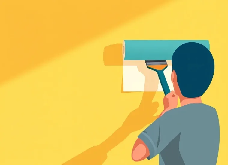 Pose de papier peint, rouleau et brosse à maroufler